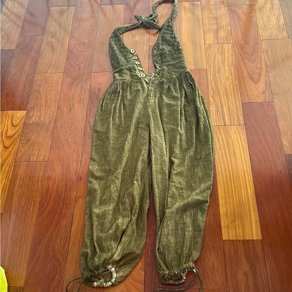 Free People Olive Velvet Halter Jumpsuit